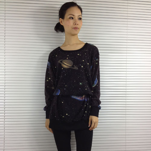 Hot  fashion galaxy printing saturn pattern knitted one-piece dress,casual T-shirt, long design,long sleeves, free shipping