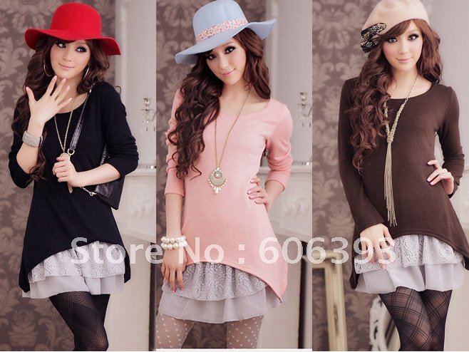 Hot Fashion Long Sleeve Crewneck Two-Piece Lace Chiffon Party Casual Mini Dress