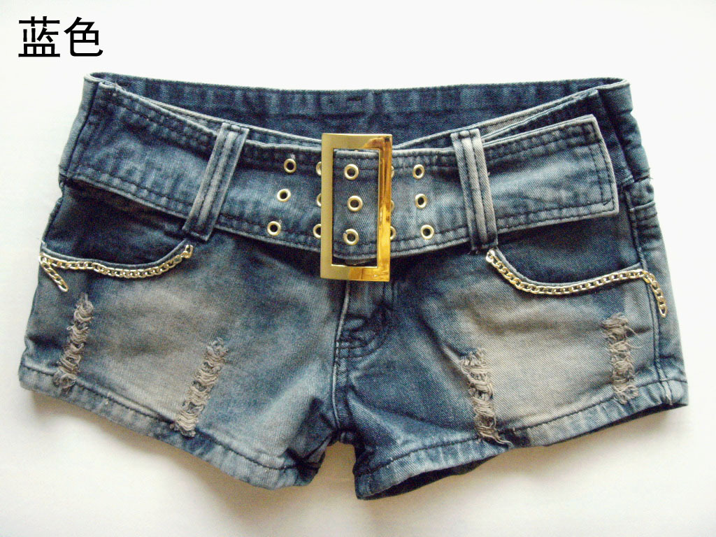 Hot female slim hole denim super shorts hot trousers belt chain 938