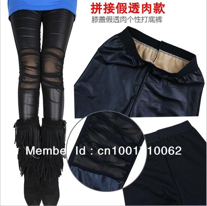 hot-- Female trousers Fold net yarn imitation leather cotton splicing backing pants warm trousers nine minutes of pants