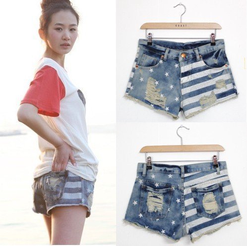 HOT!!! flag flash article star style with lower women jeans shorts  hole cowboy pants freeshipping