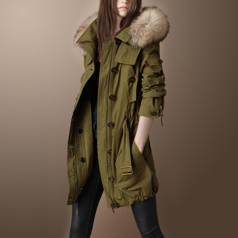 HOT  FREE SHIPING 2012 winter women's fashion raccoon fur collar slim wadded jacket thermal olive cotton-padded coat