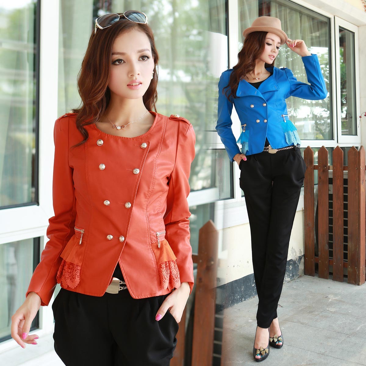 HOT  FREE SHIPING Female 2012 autumn women's new arrival short design slim outerwear sweet motorcycle leather clothing osa