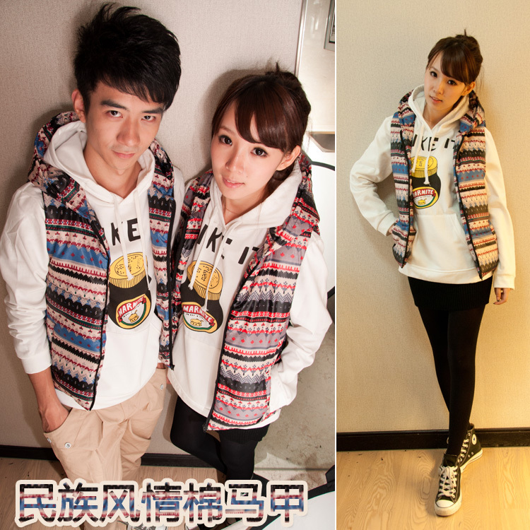 HOT  FREE  SHIPING Hot-selling national trend jacquard male women's with a hood cotton vest lovers vest q11 p50