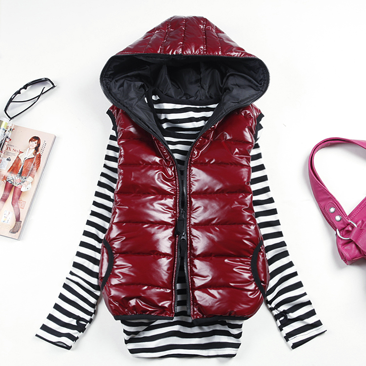 hot + free shipping 2012 fashion glossy with a hood thickening cotton vest vest female