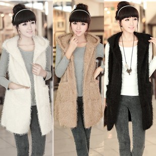 hot + free shipping 2012 fluffy vest outerwear fashion medium-long women's spring and autumn hooded