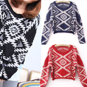 HOT Free Shipping  Geometry Design Printed Knitted Sweater Women Fashion Warm Loose Pullovers Casual Wear Plus Size