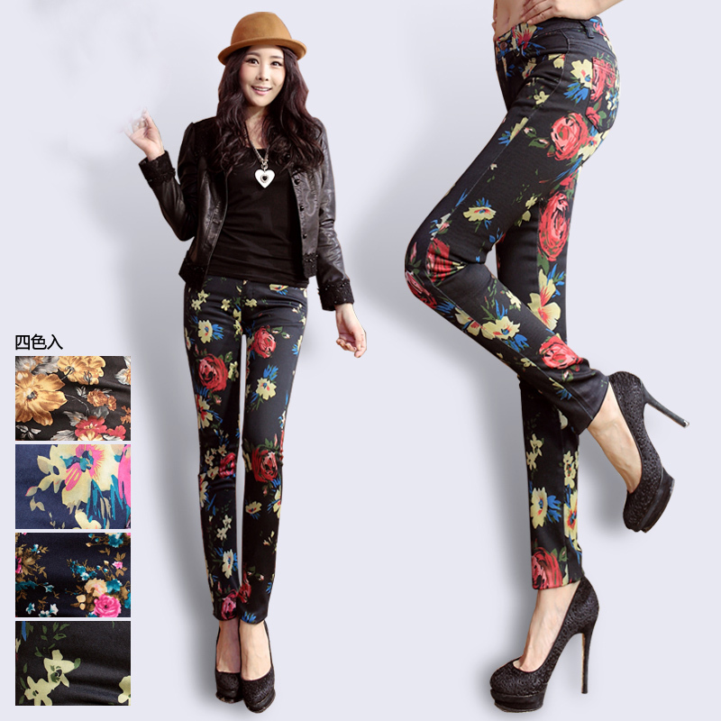 HOT + free shipping Plus size elastic jeans women's trousers autumn pencil pants harem pants female flowers