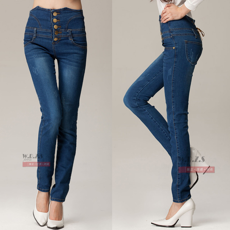 hot free shipping Women's plus size fashion high waist abdomen drawing pencil pants elastic thin women's denim trousers