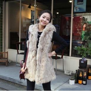 Hot !Hot ! Free shipping Faux Rabbit Fur Vest Fur Hooded Long Warm Vest