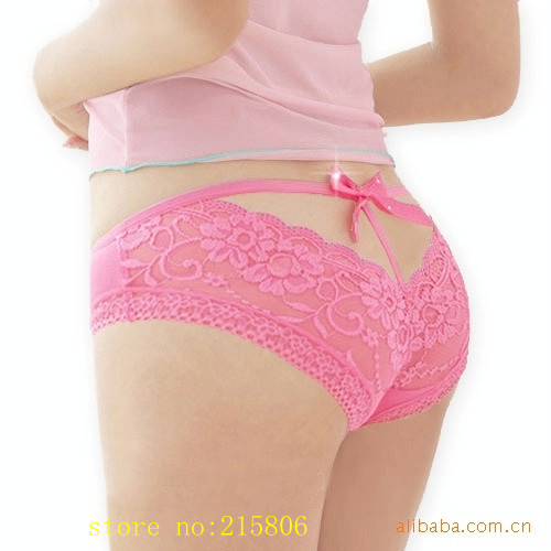 Hot Lace Hollow Pattern Bowknot Sexy Gstring Underwear for Ladies - Rose