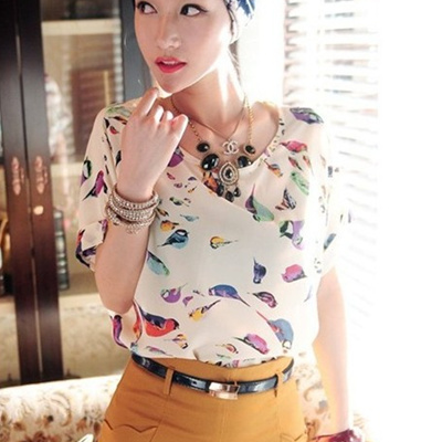 Hot  ladies' blouses Summer pattern loose o-neck chiffon batwing sleeve T-shirt short-sleeve