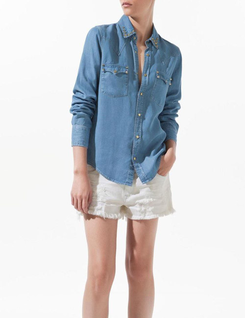 HOT LONG SLEEVE DENIM SHIRT WITH STUDS BLUE COLOR 3 SIZE WF-0264