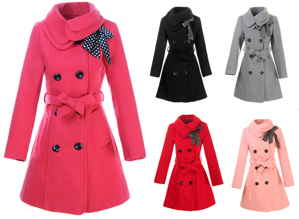 Hot Luxury Womens Slim Double Breasted Coat Wool Jacket Winter Long Bowknot Belt