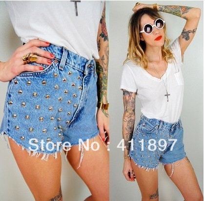 HOT Metallic Punk High Waisted Grey brads Rivet studs Jeans Denim frayed Shorts Pants Free Shipping