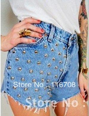 HOT Metallic Punk High Waisted Grey brads Rivet studs Jeans Denim frayed Shorts Pants Free Shipping ST002