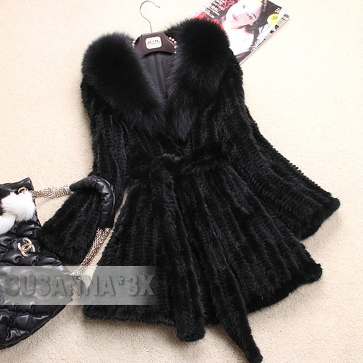 HOT*MINK FUR COAT WITH FOX COLLAR/ FUR JACKET/WOMEN'S MINK KNITTED FUR COAT *EMS FREE SHIPPING, NO.SU-1267