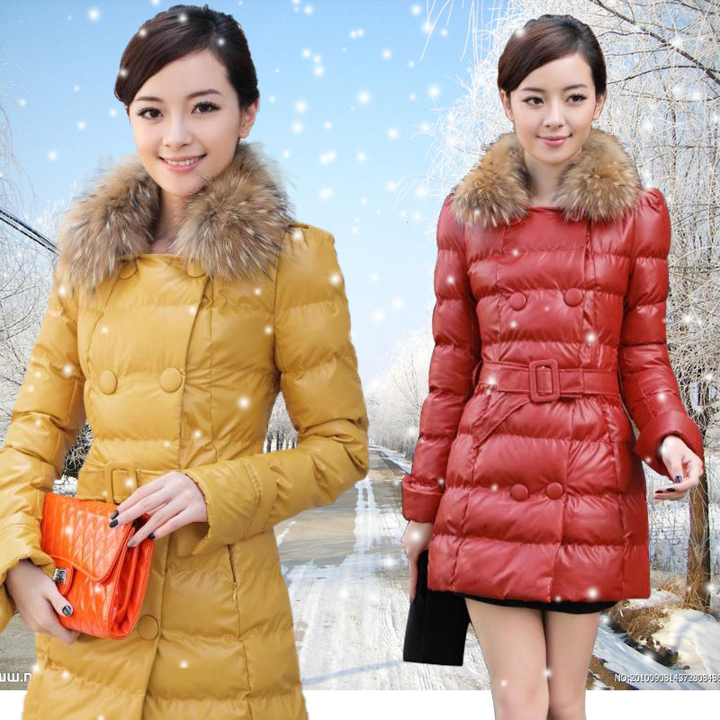 HOT NEW 2012 winter high quality new Korean thickening long PU Leather Double buttons Raccoon Fur Collar Jacket Coat