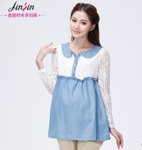 Hot New Arrival 2013 Lace Hollow out maternity clothing spring long-sleeve blue fashion cute sweet maternity T-shirt