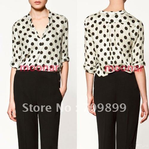 Hot New Arrival Crew Neck Top Polka Dots Shirt Long Sleeve Career Casual Blouse E0428