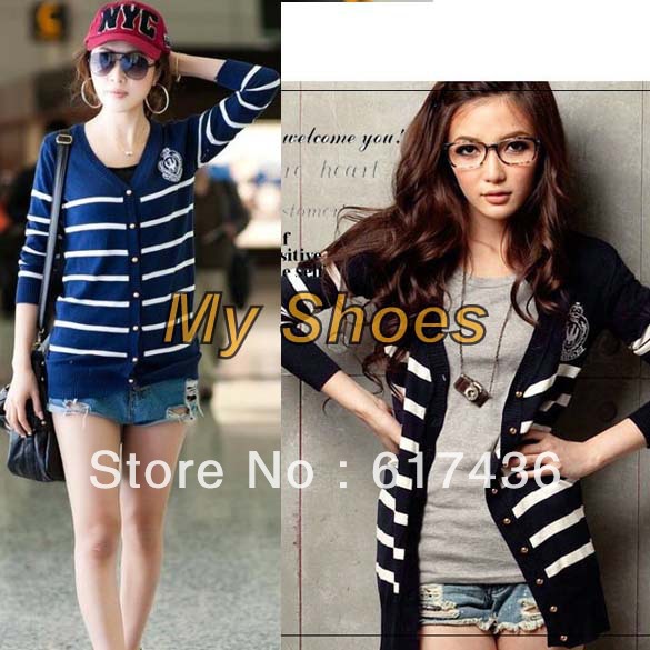 Hot New Korean Women's Casual OL Style Stripes Cardigan Knit Jacket Coat 2 colors Black, Dark Blue free shipping 7266