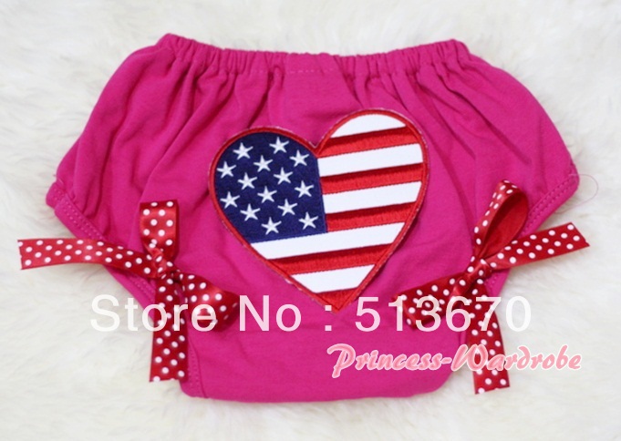 Hot Pink Bloomers & Patriotic America Flag Heart & Red White Dots Bow MABL43