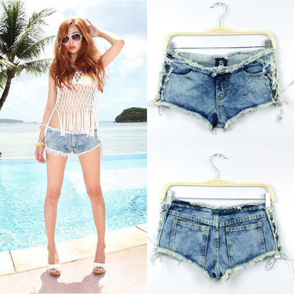 Hot Punk Women Low-rice Jeans blue Shorts Denim Pants with side belt SZ S/M/L