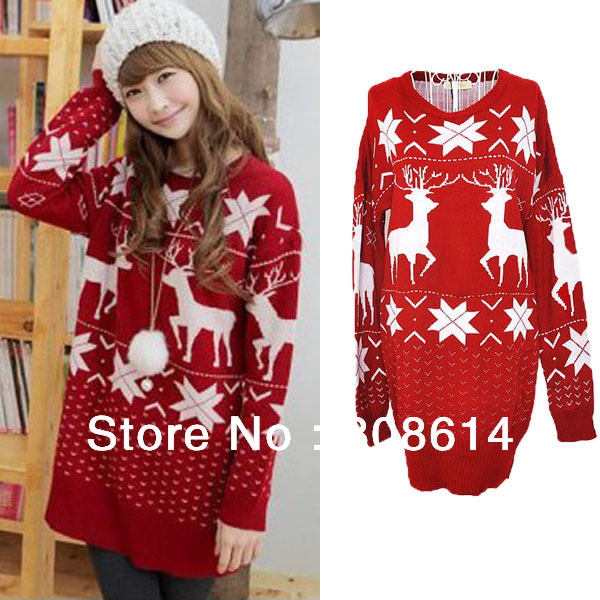 Hot Red Christmas Reindeer Snowflake Lady Womens New Ugly Loose Knitted Sweater Jumpers Pullovers Free Shipping