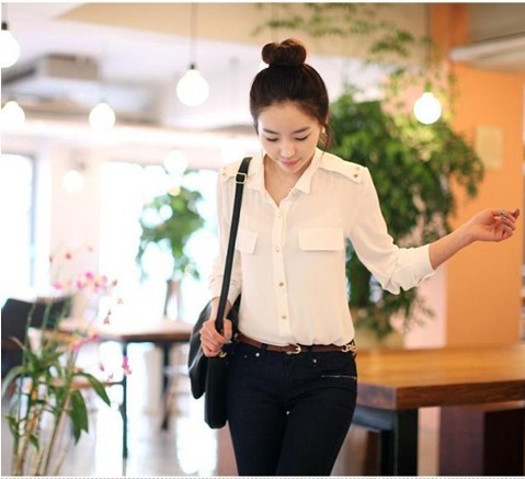 Hot !ree shipping sale woman 2012 spring fashion designer Hot OL shirt solid color long-sleeved Chiffon lady blouses S M L XL