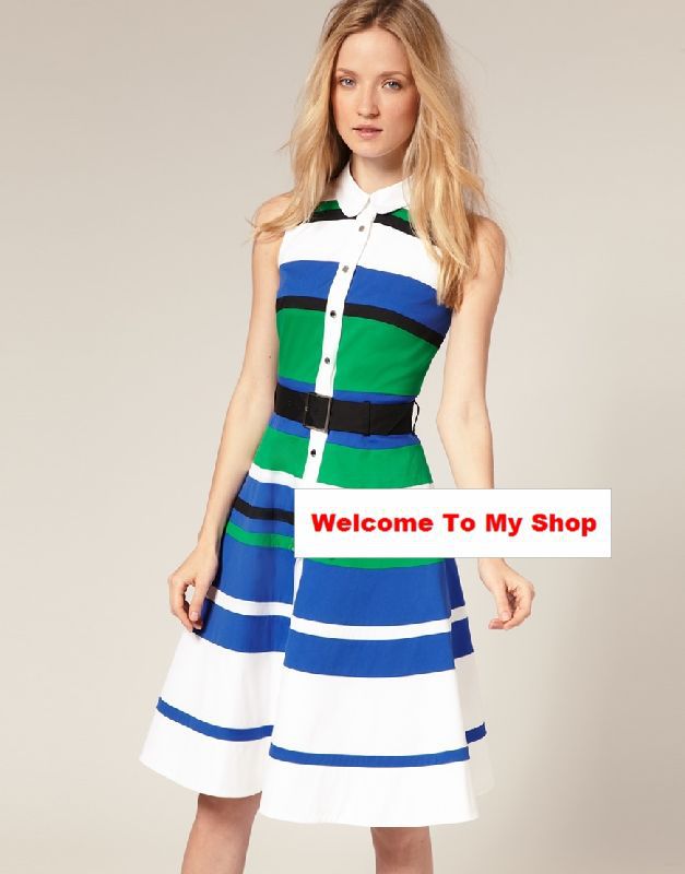 Hot!! /Retail 2013 New  Fashion European and American big British of style perfect Slim hit color stripe dress