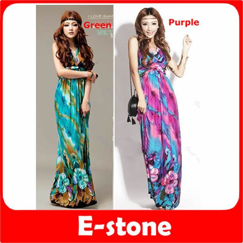 Hot sale 2012 Fashion Bohemian Style Sexy Maxi Long Dresses Flowers Beach Sundress V-Neck Strappy Backed two color to choose