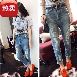 Hot sale 2012 women's fashion street style  classical knee incision ripped loose jeans sexy jeans wholesale free shipping