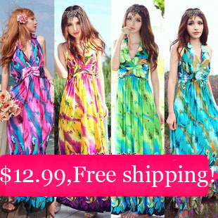 Hot sale 2013 fashion women's maxi dress graceful printed beach dress Bohemian dress 4colors free size free shipping CW039