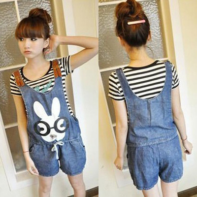 Hot sale 2013 new summer rabbit denim bib pants suspenders shorts jumpsuit female denim shorts