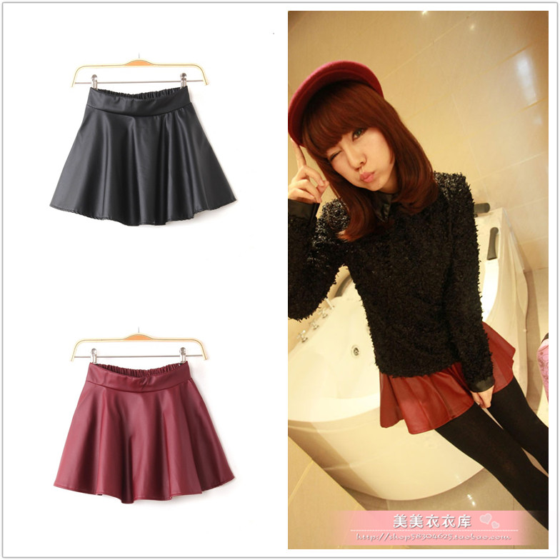 Hot sale 2013 spring design short leather skirt fashion PU puff skirt slim waist pleated bust skirt