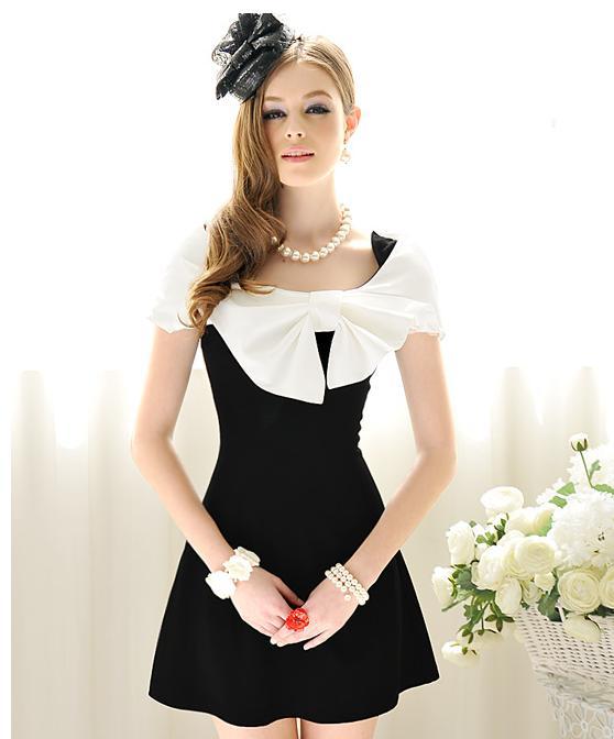 Hot  Sale 2013 spring new black and white shoulder bow elegant juxtaposition wrap type dressW459