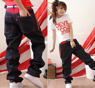 Hot sale 3180 color block hanging crotch pants hiphop hip-hop pants lovers denim 523