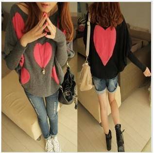 Hot sale 5361 2013 new double faced heart batwing sleeve loose soft quality sweater