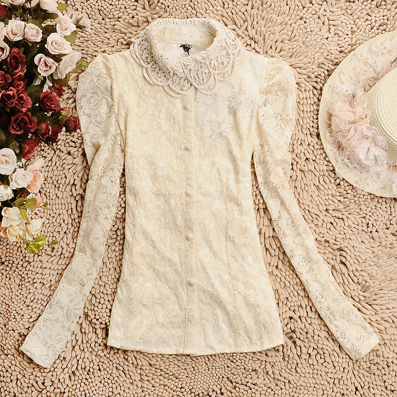 hot sale Blouses Autumn & winter women puff sleeve peter pan collar chiffon lace double layer cardigan shirts WYL8039