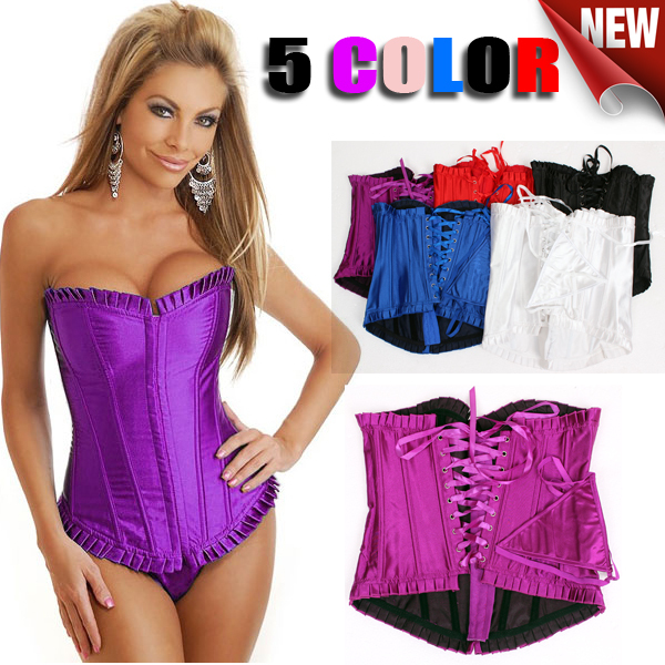 Hot Sale! Cheap! Colored Women Sexy Bustiers 4012 Stain Corsets Ruffles Bustiers  +G string