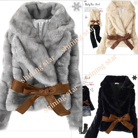 Hot Sale Fashion Korea Rabbit Hair Faux Fur Coat Jacket Fluffy Short Outwear Belted 3376