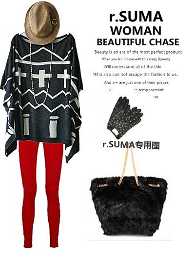 Hot sale Fashion mix match ladies abstract geometry vintage loose knitted cloak batwing shirt