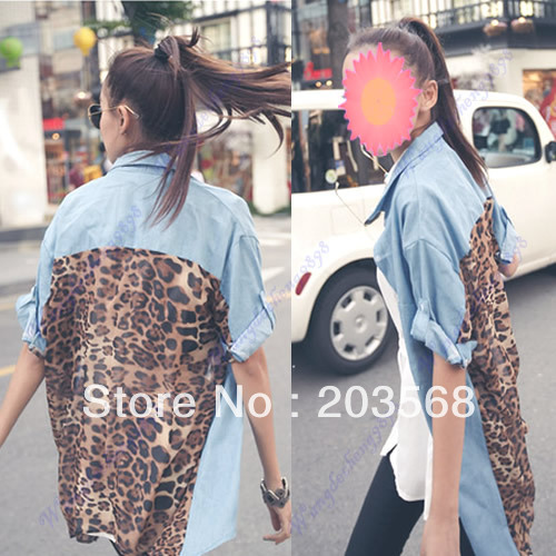 Hot Sale Fashion Womens Back Leopard Pattern Retro Denim Top Button Shirt Blouse