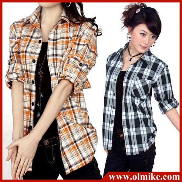 hot sale Free shipping 2012 New fashion women  ladies 100% Cotton clothes check t shirt long short sleeve shirts Blouses SWS077