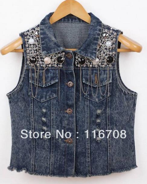 Hot Sale Free shipping 2013 New Womens Vintage Washed Blue Denim Sequin embellish Jean Vest Sleeveless Jacket VT001