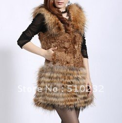 Hot Sale Free Shipping Fashion sheep fur vest dress with raccoon dog fur collar, raccoon dog fur henline