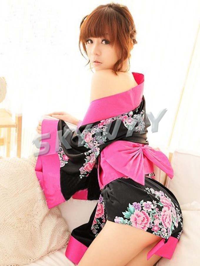 Hot Sale!! Free Shipping Sexy Floral Kimono Robe Bathrobe Sexy Japanese Kimono Black/White color H8099