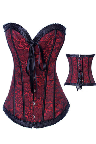 Hot Sale! Free Shipping Sexy Red Floral Lace Overlay Overbust Corset Bustier Tops & Ruffles LB4338 S M XL