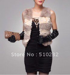 Hot Sale Free Shipping Stylish women's short vest, genuine rabbit fur vest with stripe patterns