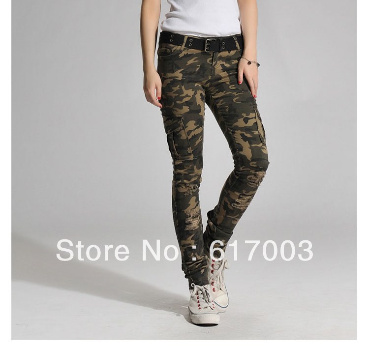 Hot sale free shipping women's overalls, camouflage skinny jeans cargo pants for women with belt, XS-XXXL